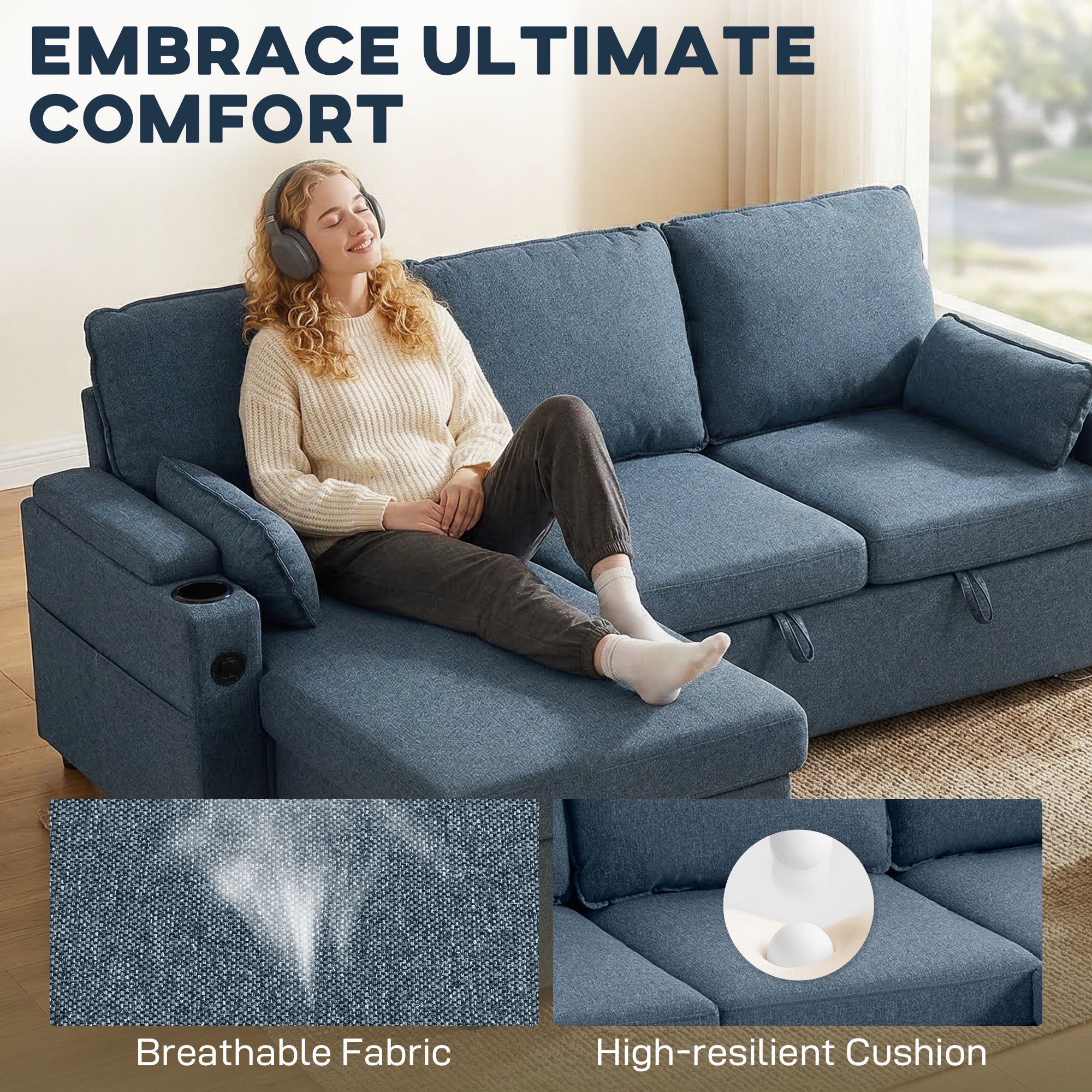 HOMCOM Corner Sofa Bed, L Shaped Sleeper Sectional Sofa with Reversible Storage Chaise, Blue 