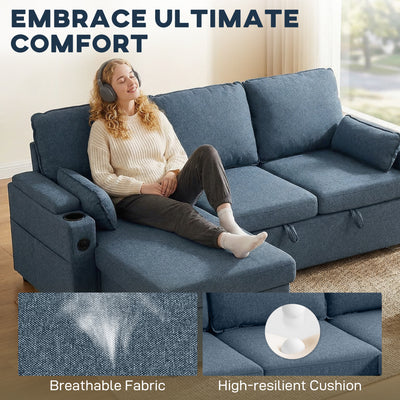HOMCOM Corner Sofa Bed, L Shaped Sleeper Sectional Sofa with Reversible Storage Chaise, Blue 