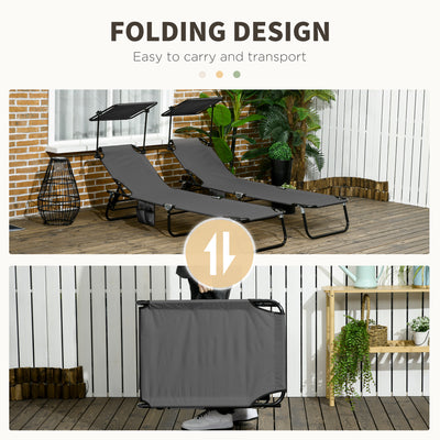 Outsunny 2 Piece Folding Sun Loungers with Canopy, Adjustable Recliner Garden Chairs with Side Pocket, Steel Frame and Breathable Mesh for Outdoor, Pool, Beach, Garden, Dark Grey 