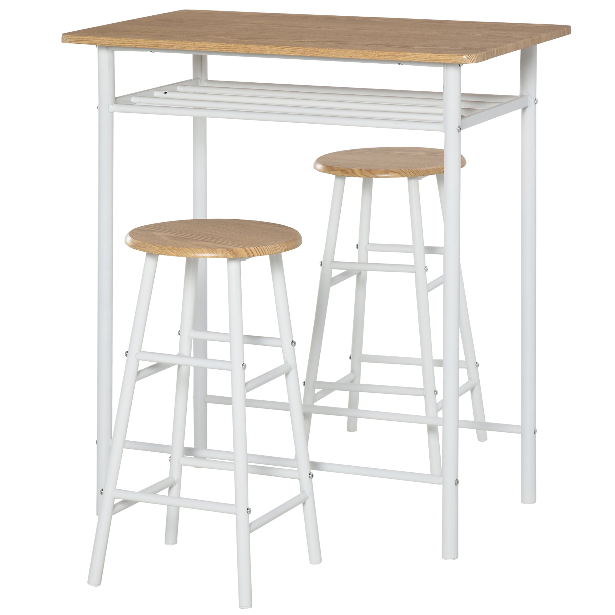 HOMCOM Bar Table Set, Bar Table and Stools Set, Footrest and Storage Shelf, for Kitchen, Dining Room, Pub, Cafe, White and Oak 