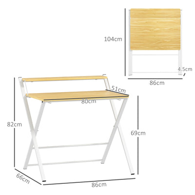 HOMCOM Compact Folding Desk for Small Spaces, Foldable Computer Desk with Storage Shelf for Home Office, 2-Tier Study Writing Table, 86 x 66 x 82 cm, Maple Wood-effect 