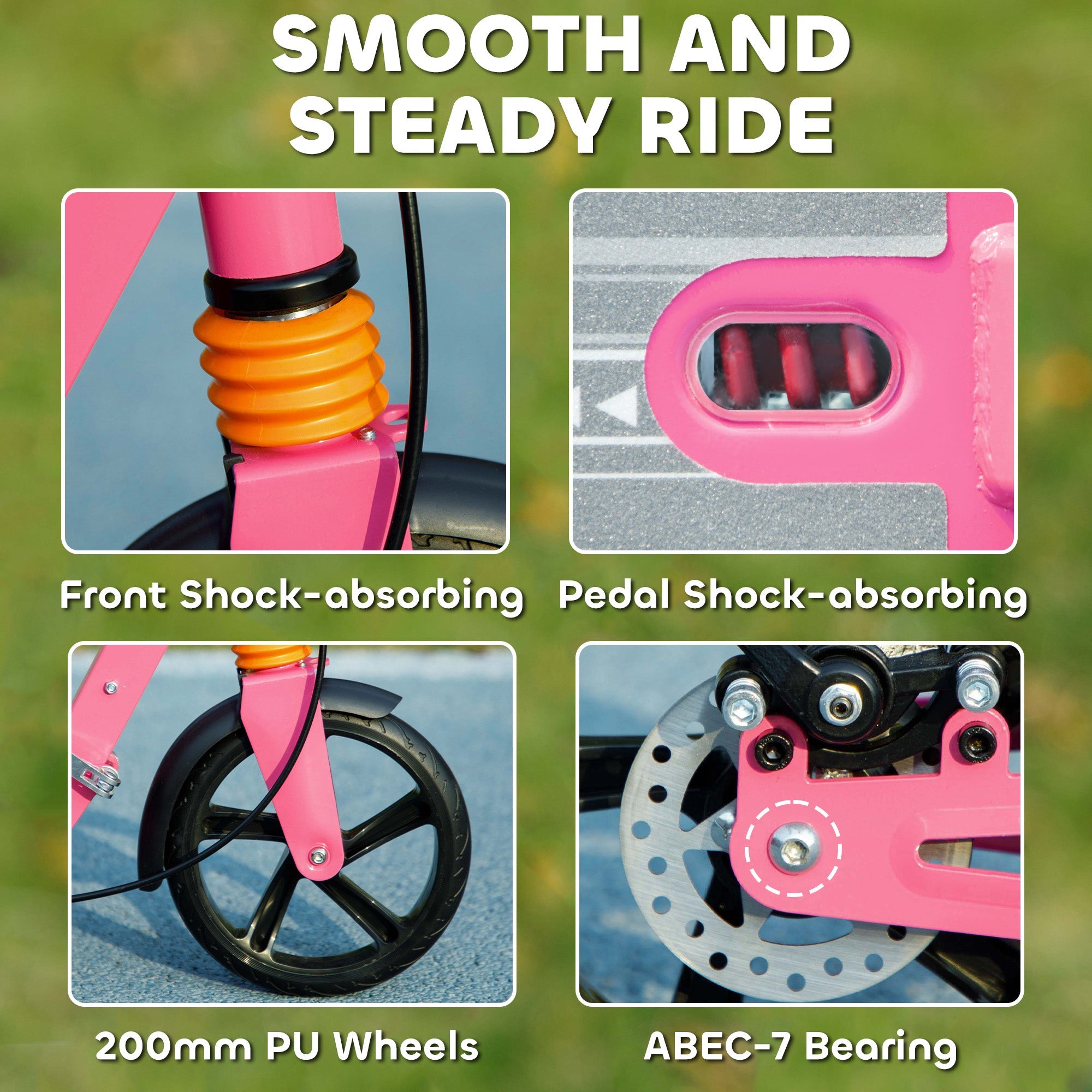 AIYAPLAY Kids Scooter with Four-Level Adjustable Handlebar, Dual Brake System, 200mm Wheels, ABEC-7 Bearings, Pink 
