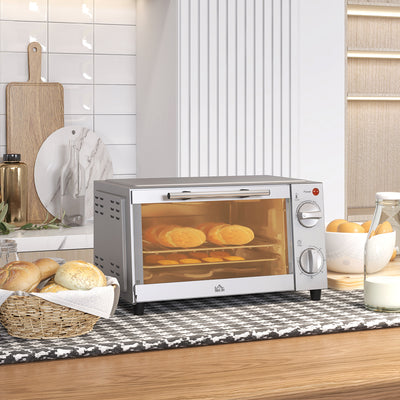 HOMCOM Mini Oven, 9L Countertop Electric Grill, Toaster Oven with Adjustable Temperature, Timer, Dishwasher Safe Baking Tray and Wire Rack, 750W, Silver 