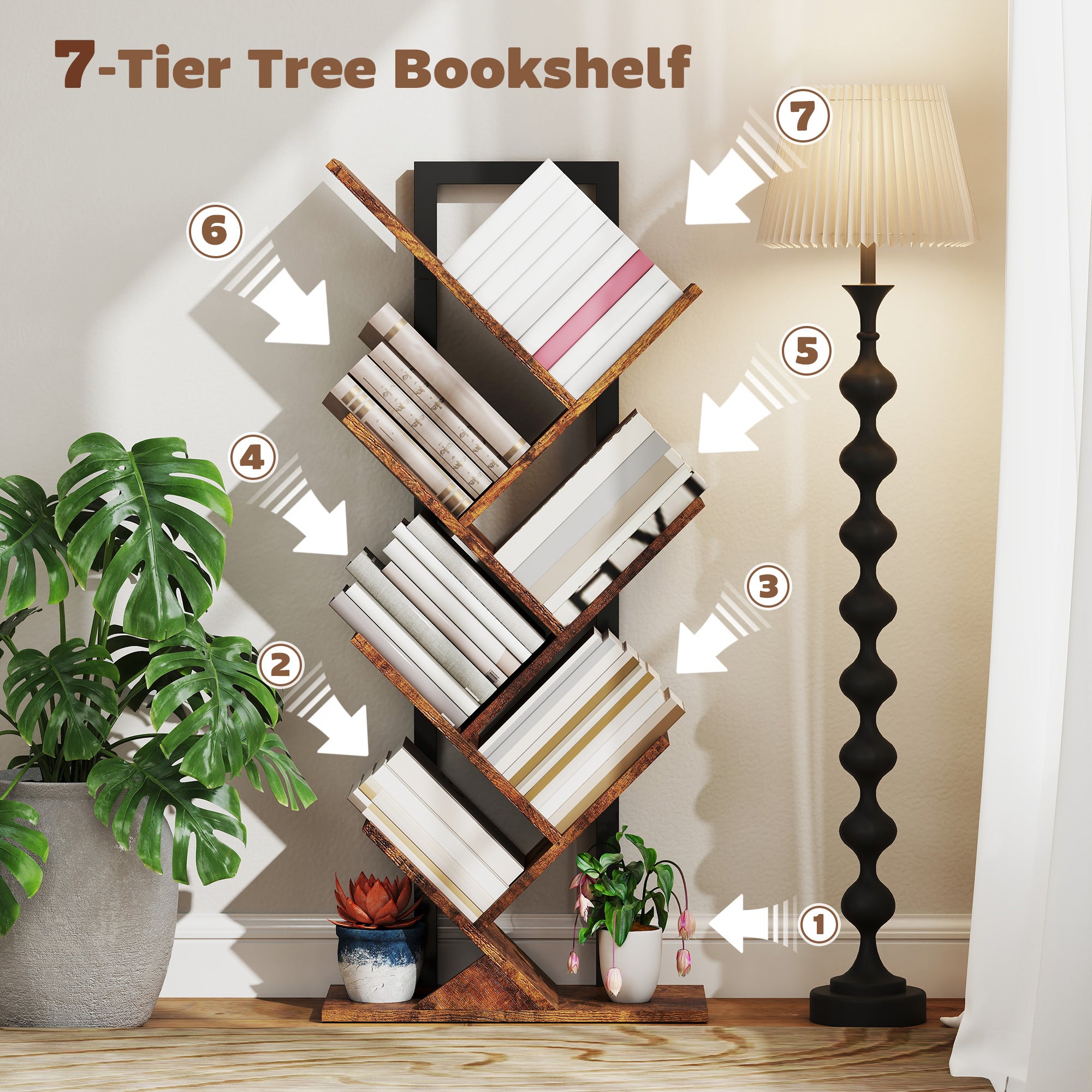 HOMCOM Six-Section Tree Bookcase - Wood-Effect