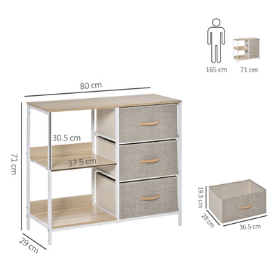 HOMCOM Chest of Drawers Storage  Dresser Cabinet Organizer with 3 Fabric Drawers and 2 Display Shelves for Living Room, Bedroom, Hallway, Beige 