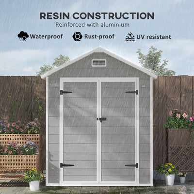 Outsunny 6 x 5ft Garden Shed, Plastic Shed with Floor, Window, Lockable Doors and Vents, Wood Effect Resin Tool Shed for Outdoor Patio, Dark Grey 