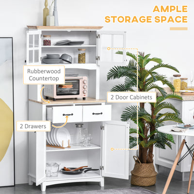 HOMCOM Freestanding Kitchen Cupboard, Kitchen Storage Cabinet with Framed Glass Doors, 2 Drawers, Microwave Counter, White 