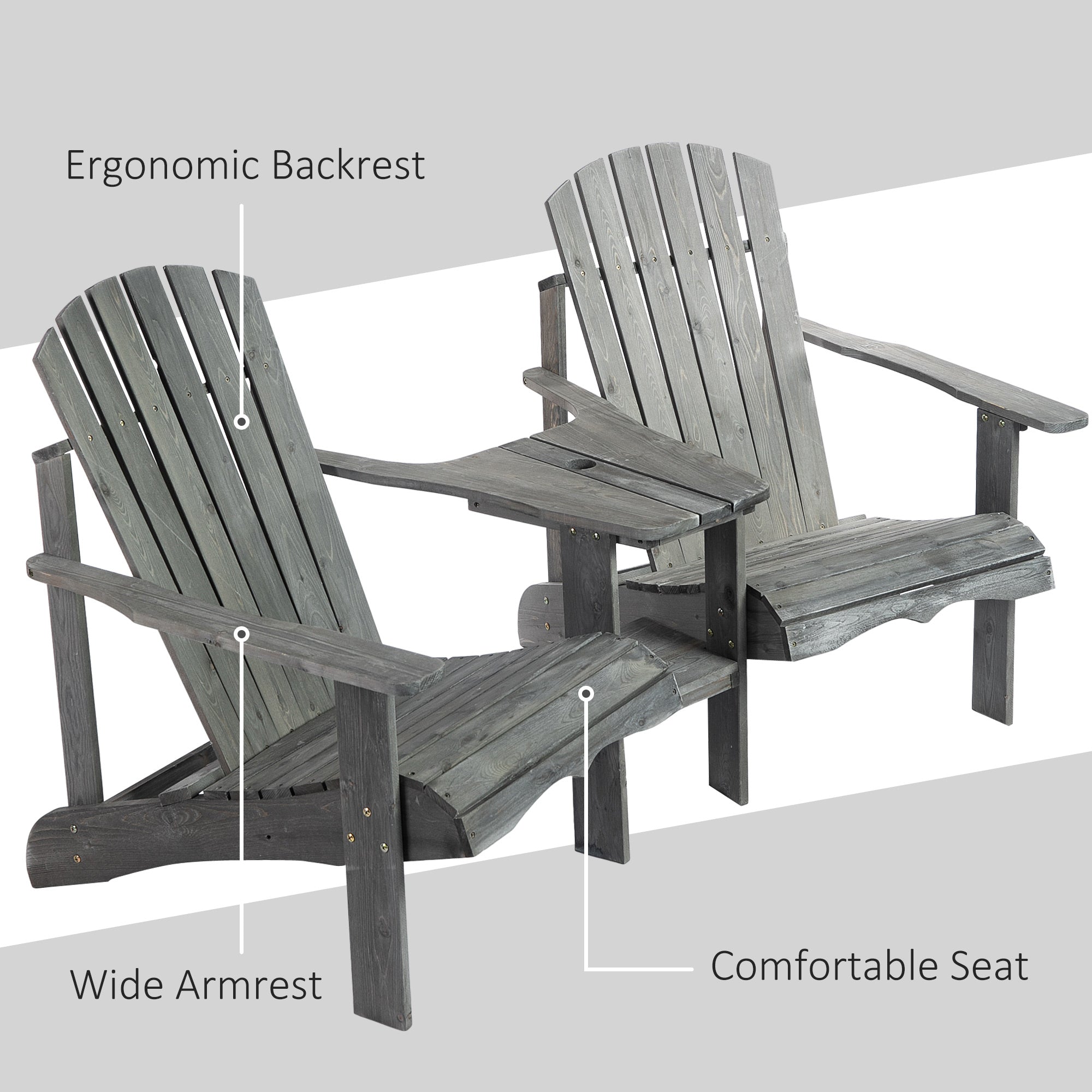 Outsunny Wooden Outdoor Double Adirondack Chairs Loveseat w/ Centre Table and Umbrella Hole, Garden Patio Furniture for Lounging and Relaxing, Grey 