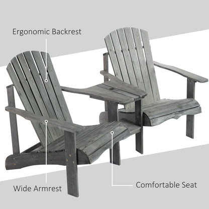 Outsunny Wooden Outdoor Double Adirondack Chairs Loveseat w/ Centre Table and Umbrella Hole, Garden Patio Furniture for Lounging and Relaxing, Grey 