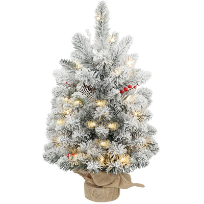 HOMCOM 60 cm Prelit Small Christmas Tree with 35 LED Lights, Snow Flocked Tabletop Mini Xmas Tree with 72 Dense Branches, Pine Cones, Berry Clusters and Linen Cover Base, Battery Operated, Green 
