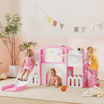 AIYAPLAY 7 in 1 Toddler Slide Set with Basketball Hoop, Climbing Frame, Telescope, Drawing Board, Storage Box, Pink 