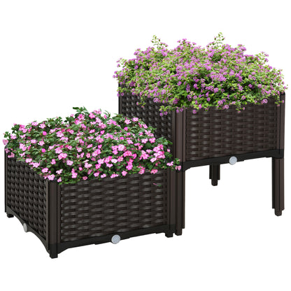 Outsunny Set of 2 26L Garden Raised Bed Elevated Patio Flower Plant Planter Box PP Vegetables Planting Container, Brown 