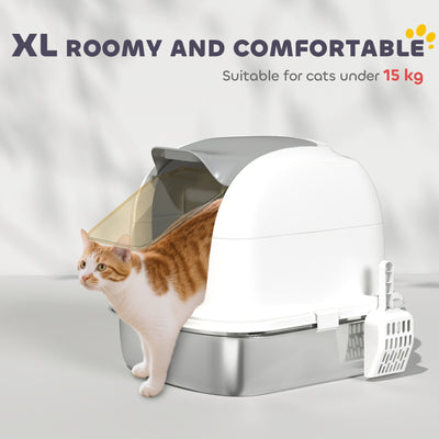 PawHut Stainless Steel Cat Litter Box with Lid, for Cats, Enclosed Cat Litter Box with Flip Cover, Scoop 