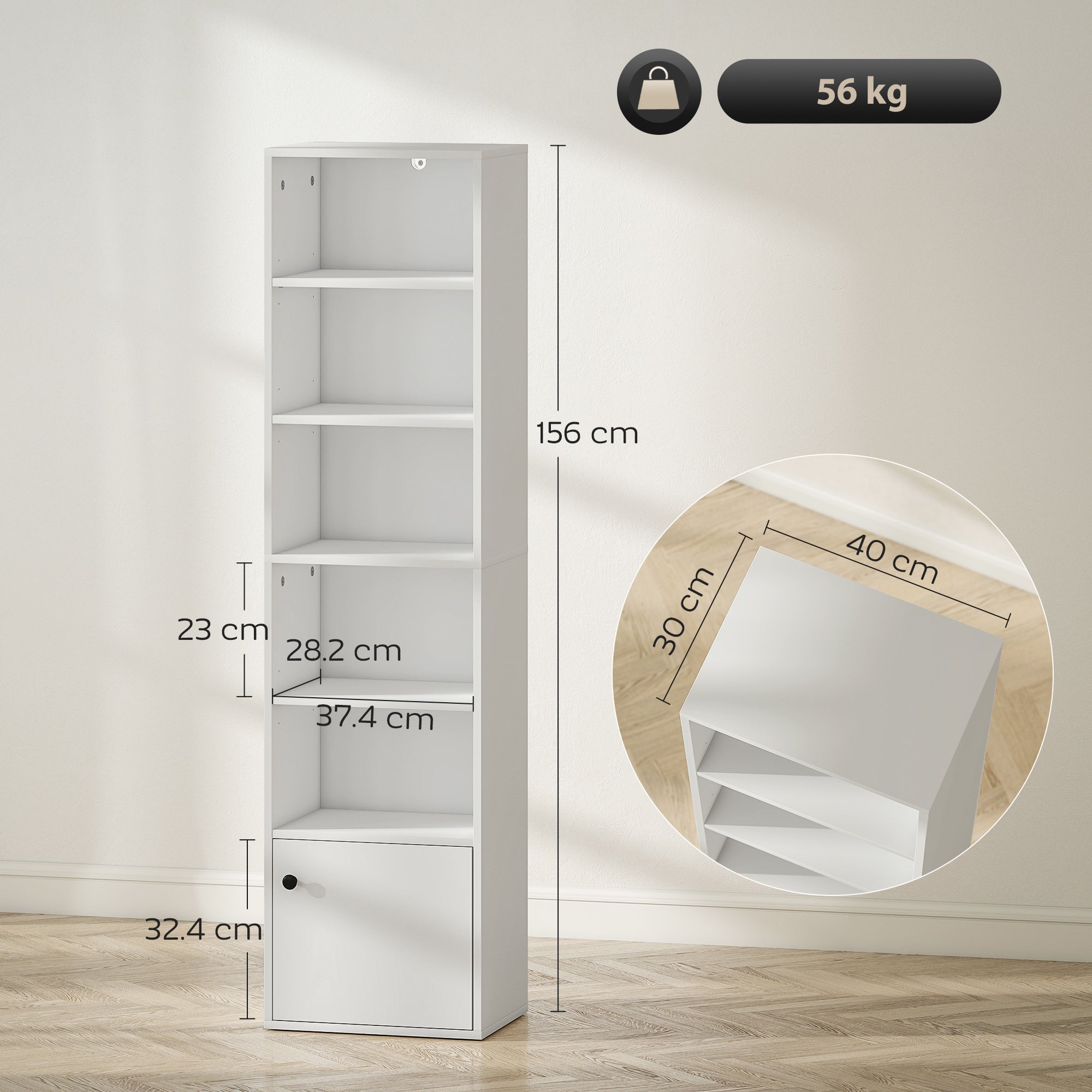 HOMCOM 6-Tier 156 cm Tall Bookcase - White 