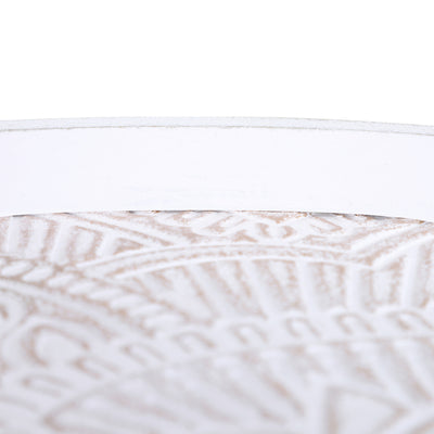 HOMCOM Coffee Table, Carved Floral Round Table with Tray-style Top and Wood Legs, Modern Side Table for Living Room, Set of 2, White 