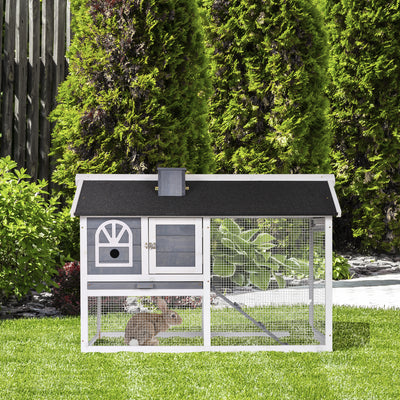 PawHut Wooden Rabbit Hutch and Run with Sliding Tray, Ramp, Water-resistant Roof, for 2-4 Rabbits, Grey 