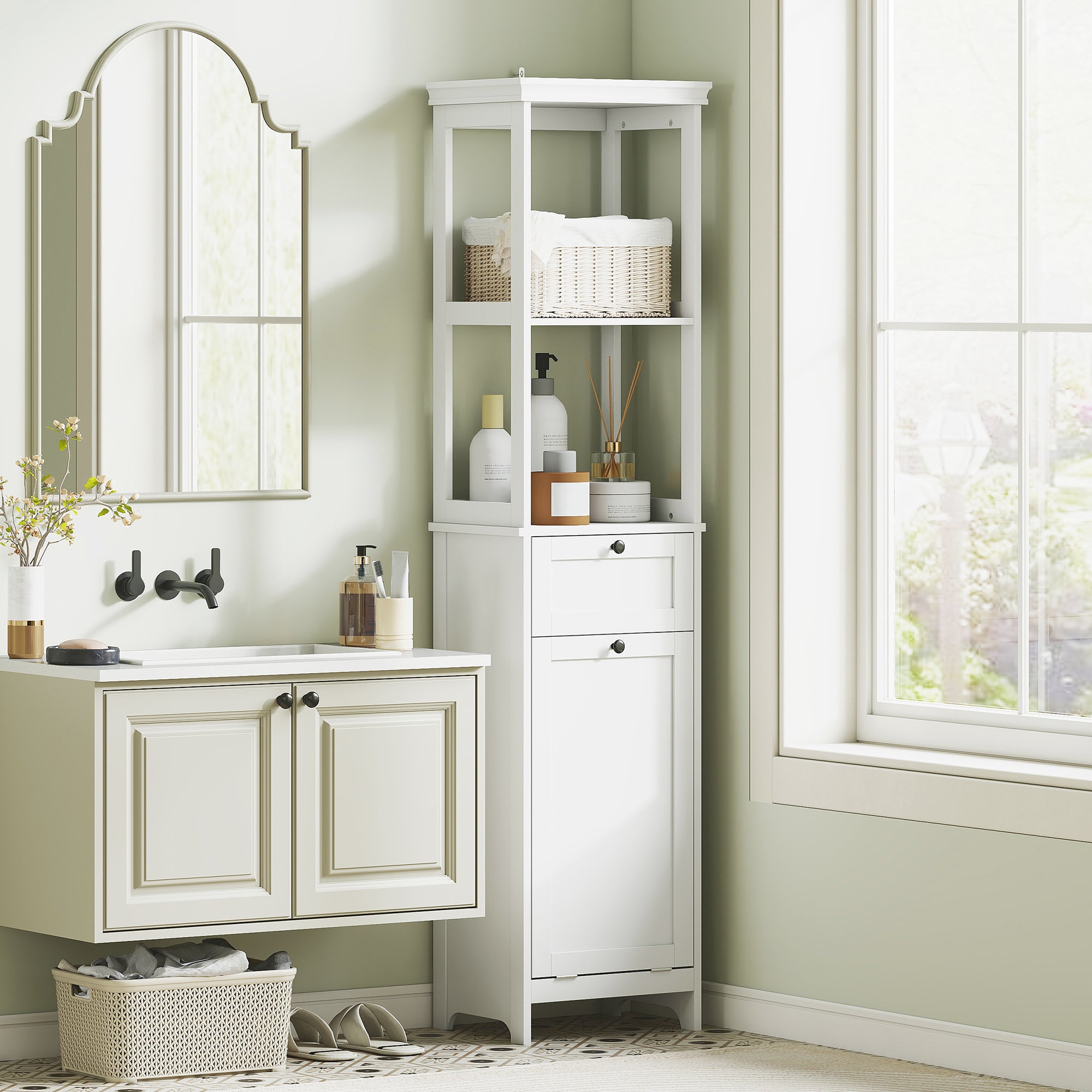 HOMCOM Tall Bathroom Cabinet, with Laundry Basket - White