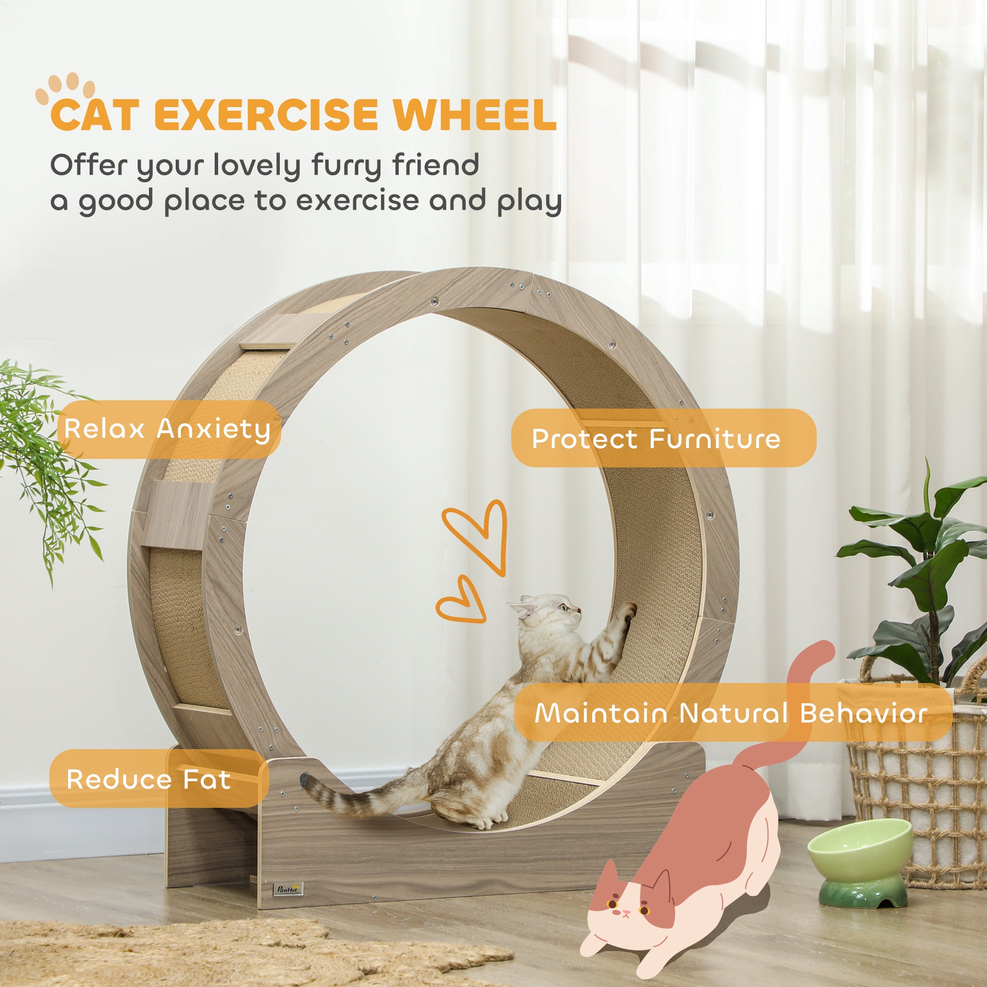 PawHut Cat Wheel with Brake, Scratching Pads - Walnut Brown 