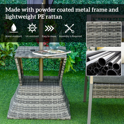 Outsunny Outdoor Patio Rattan Wicker Coffee Table Bistro Side Table w/ Umbrella Hole and Storage Space, Grey 