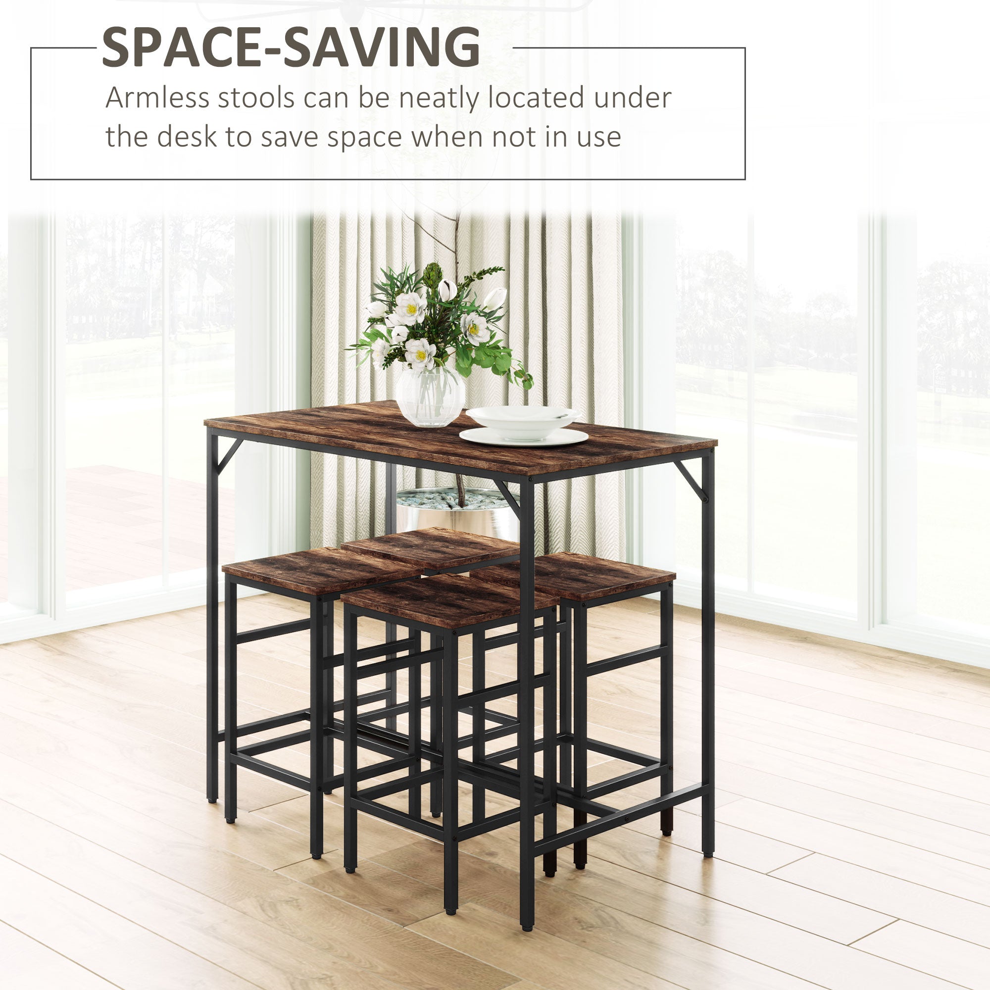 HOMCOM Industrial Rectangular Bar Table Set with 4 Stools for Dining Room, Kitchen, Dinette 