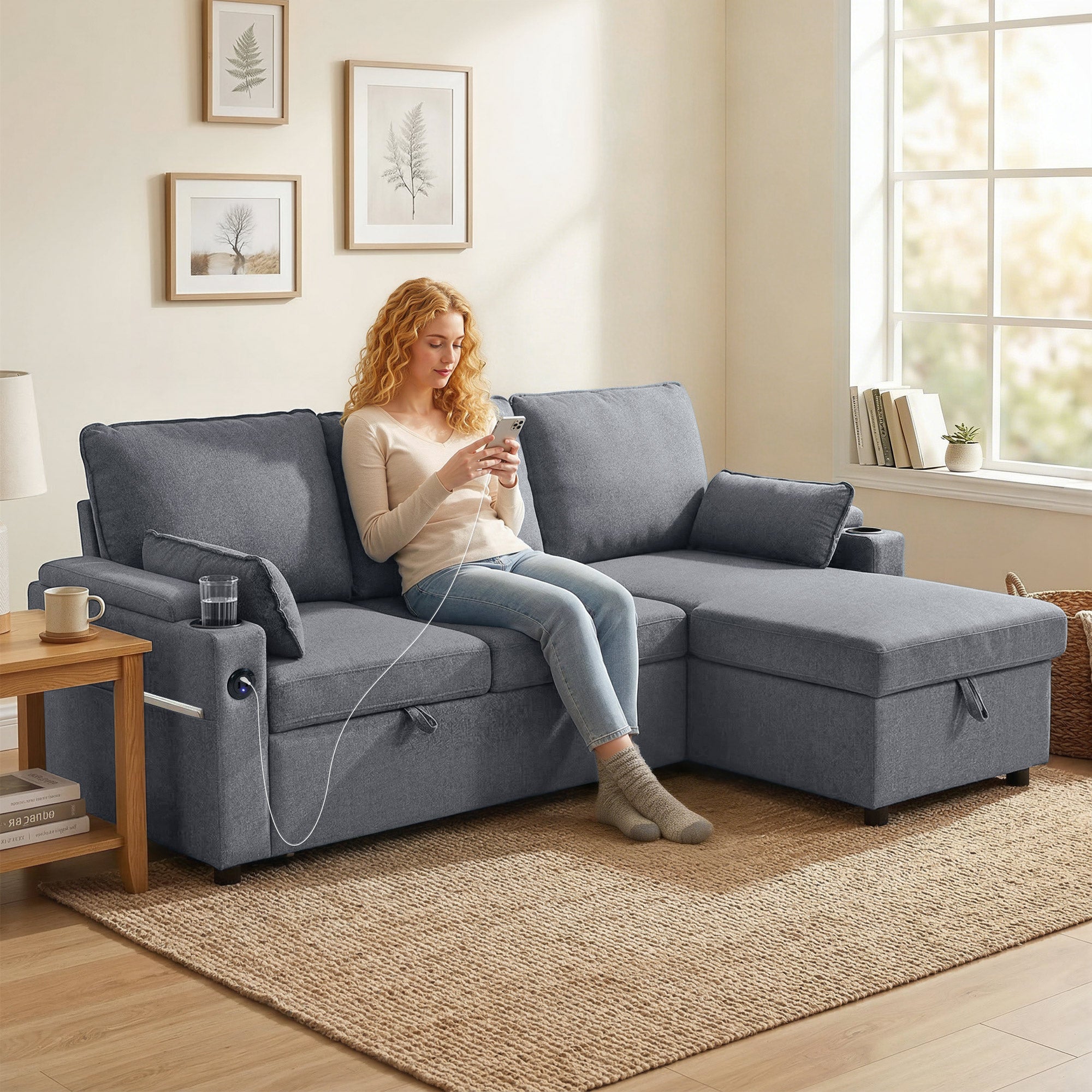 HOMCOM Corner Sofa Bed, L Shaped Sleeper Sectional Sofa with Reversible Storage Chaise, Grey 