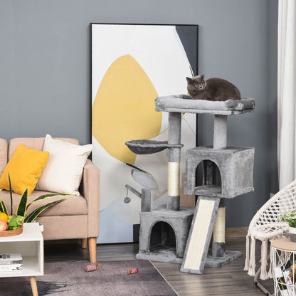 PawHut Cat Tree Tower for Indoor Cats, 111cm Kitten Activity Centre with Scratching Post Pad Hammock Condo Bed Ball Toy, Grey 
