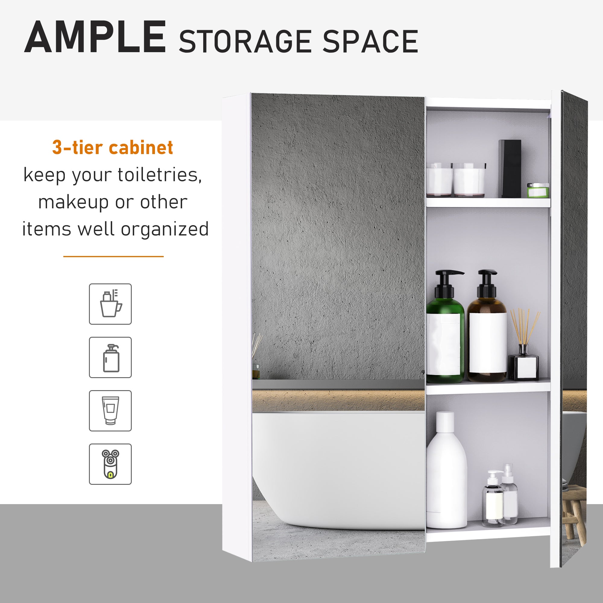 HOMCOM Mirror Cabinet, Wall Mount Bathroom Storage Cabinet with Adjustable Shelf, Double Door Cupboard, 60 x 15 x 75 cm, White 