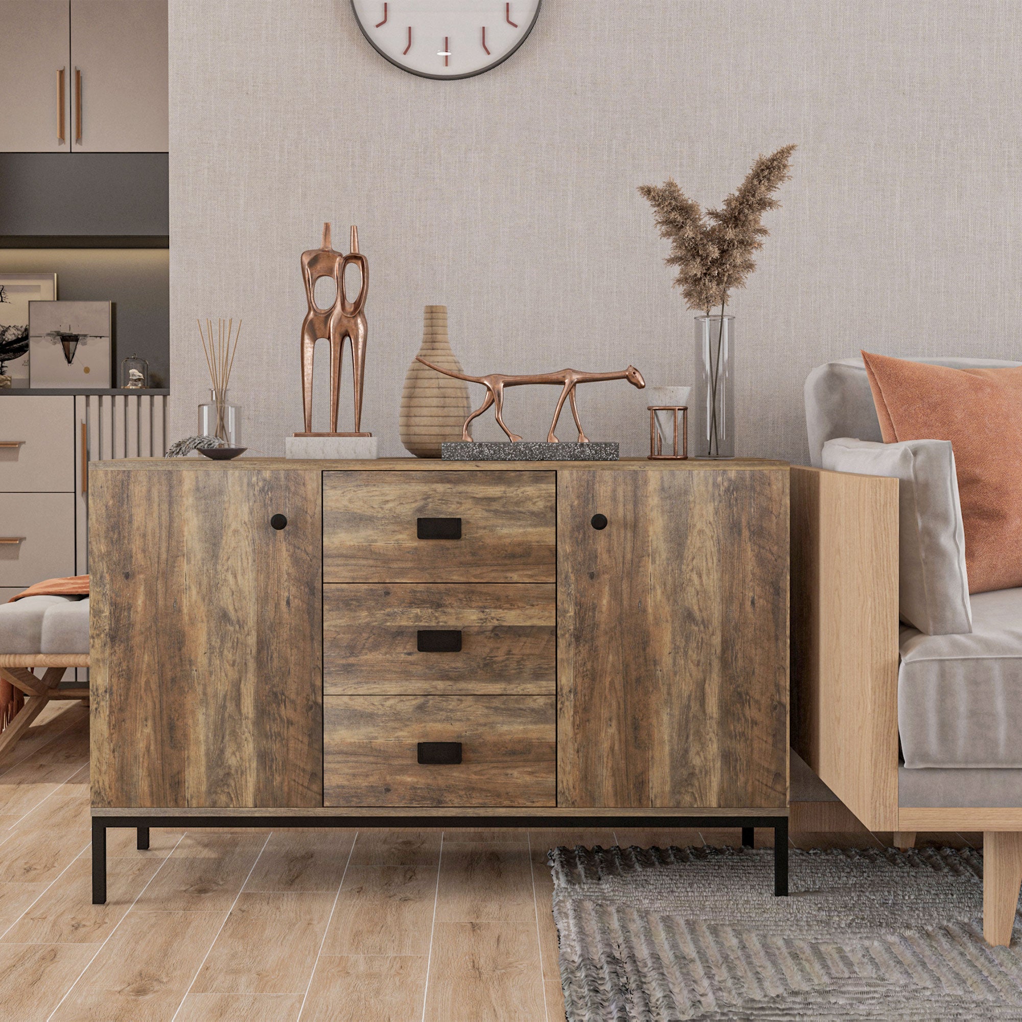 HOMCOM Industrial Sideboard, Storage Cabinet, Accent Cupboard with Drawers, Adjustable Shelves for Kitchen, Dining Room, Living Room, Distressed Brown 