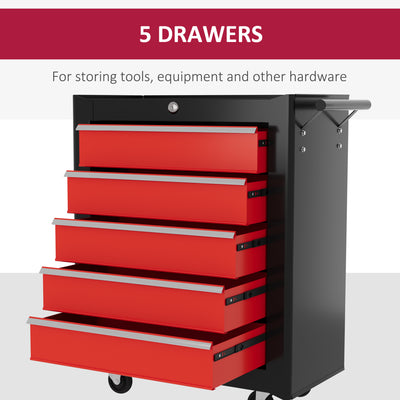 HOMCOM 5-Drawer Tool Chest with Wheels, Steel Lockable Tool Storage Cabinet with Handle, 2 Keys for Garage, Workshop, Red 