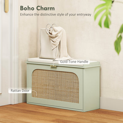 HOMCOM Boho Shoe Bench with Padded Seat and Flip-Drawer - Light Green 