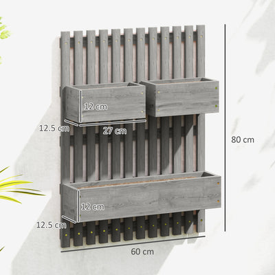 Outsunny Wall-mounted Wooden Garden Planters with Trellis, Drainage Holes and 3 Planter Boxes for Patio, Grey 