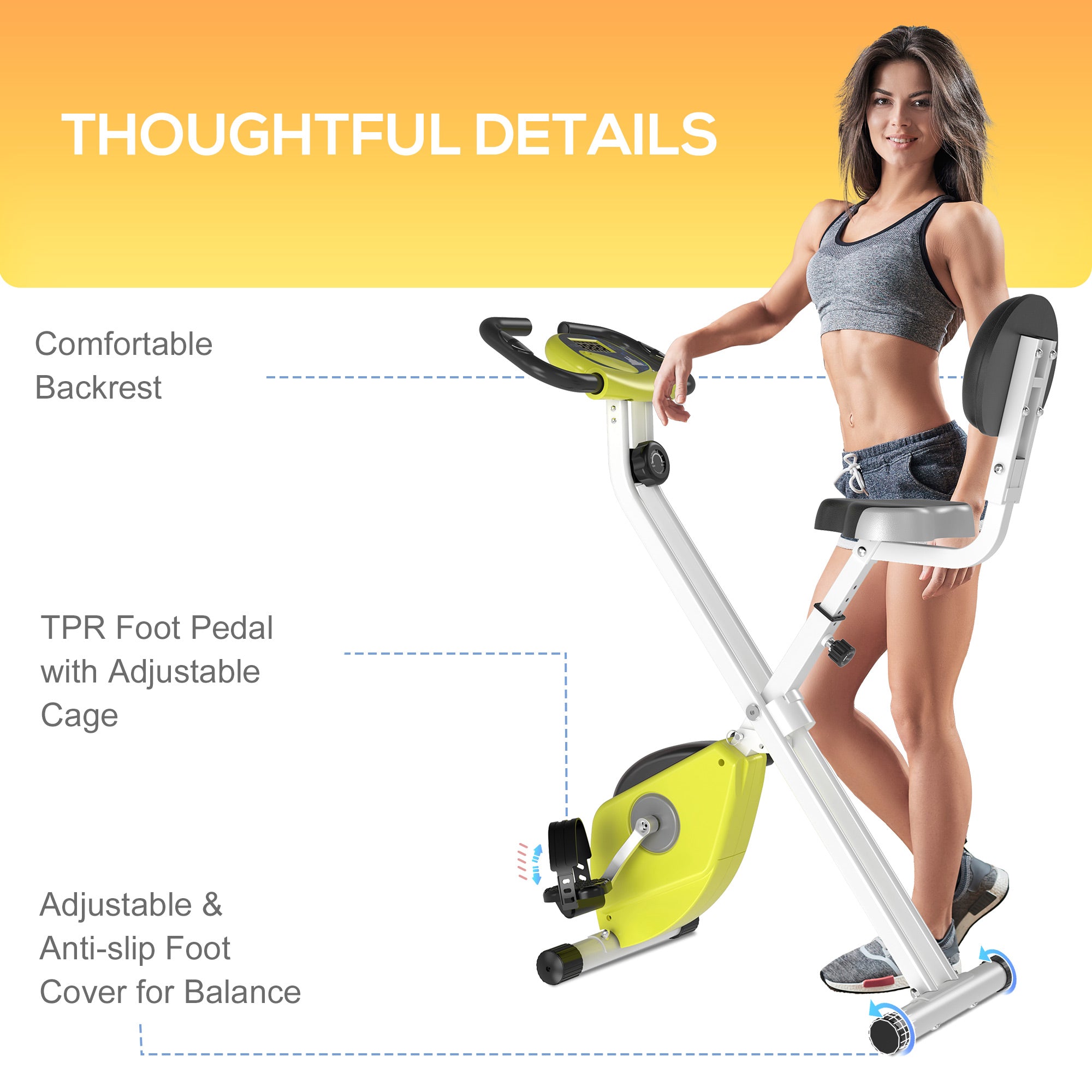 HOMCOM Exercise Bike Fitness Bicycle Indoor trainer Foldable 8-level Magnetic Resistance Adjustable w/LCD Monitor Pulse Sensor, Yellow 