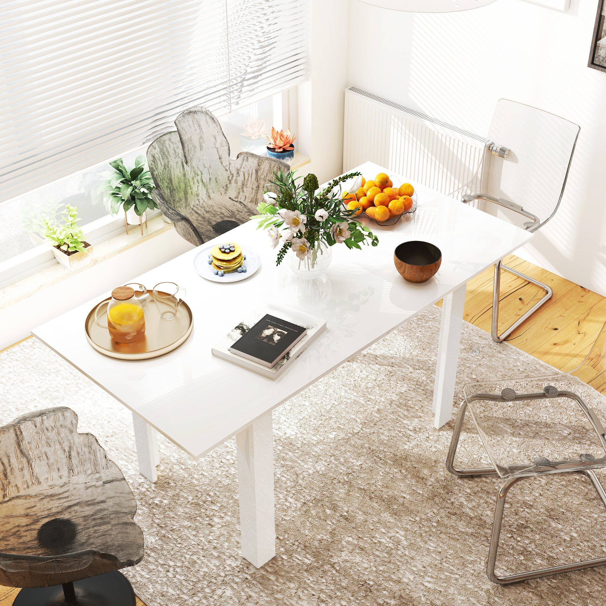 HOMCOM Extendable Dining Table, 120-160 x 70cm Rectangular Kitchen Table for Small Spaces, Seats 4-6 People, High Gloss White 