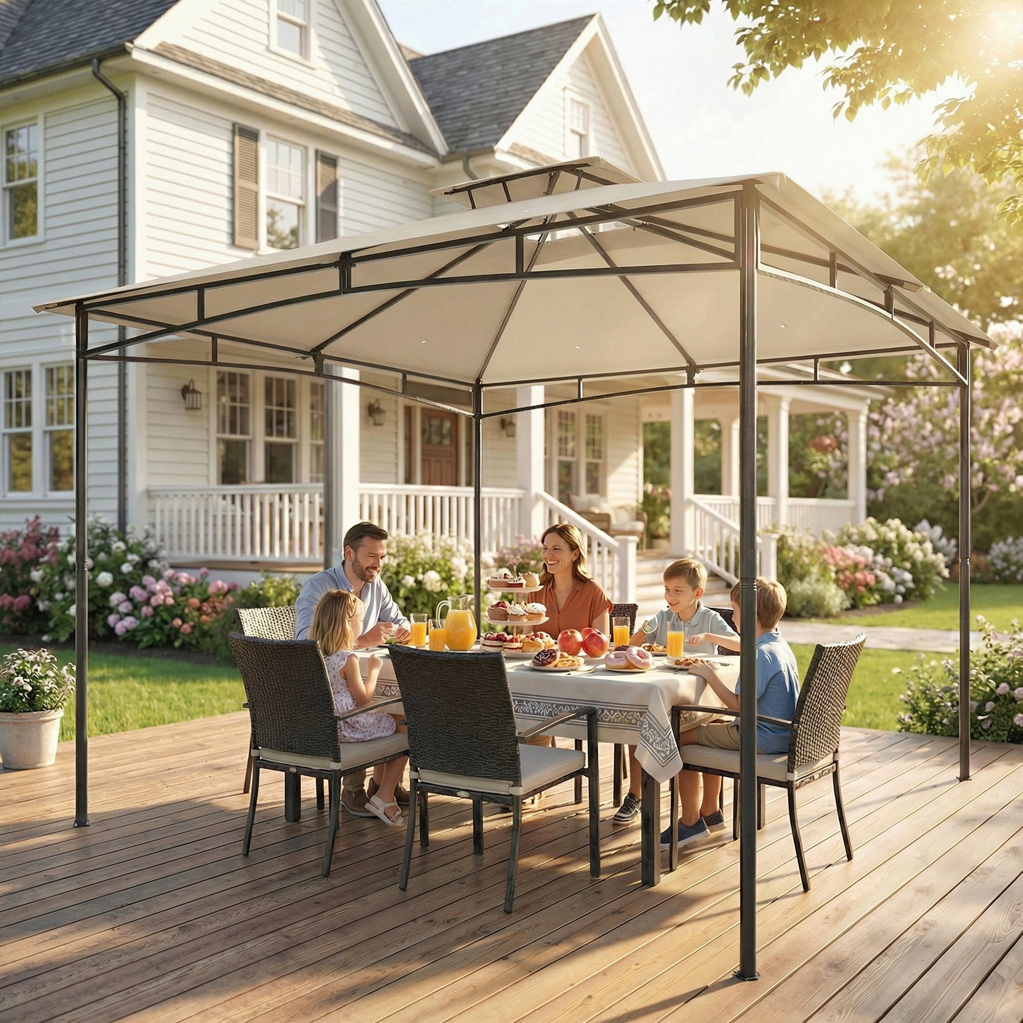 Outsunny 3 x 3 m Gazebo, Garden Gazebo with 2-Tier Roof, Metal Frame, Khaki 