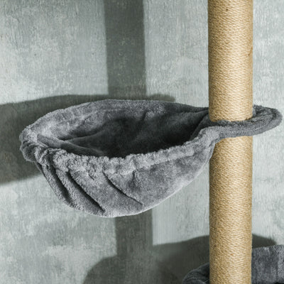 PawHut Floor to Ceiling Cat Tree for Indoor Cats, 6-Tier Play Tower Climbing Activity Center with Scratching Post, Platforms, Bed, Hammock, Adjustable Height 230-250cm, Grey 