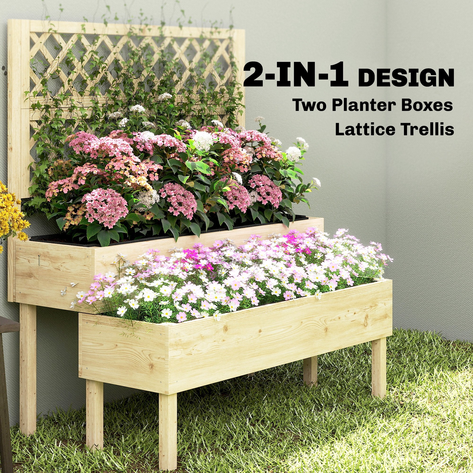 Outsunny Raised Garden Bed 2-Tier Stepped Design Planter Box with Trellis for Climbing Plants 108x62x120 cm 