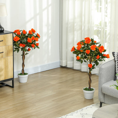 Outsunny Set of 2 Artificial Plants White Rose Floral in Pot, Fake Plants for Home Indoor Outdoor Decor, 90cm, Orange 