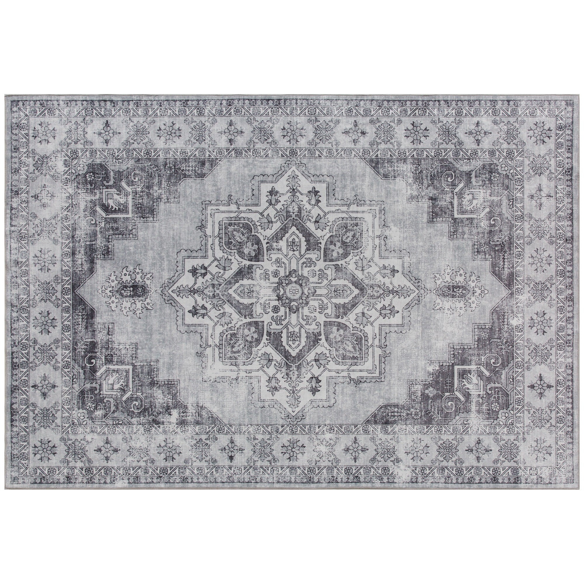 HOMCOM Vintage Area Rug, Non-Slip Washable Rug, Flannel Floor Carpet for Living Room, Bedroom, Dining Room, Home Office, 290 x 200 cm, Grey