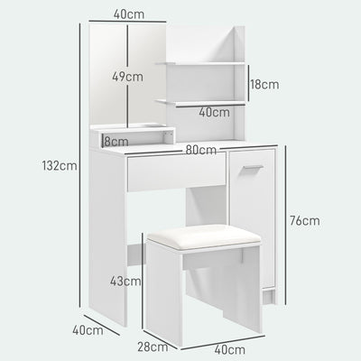 HOMCOM Dressing Table with Mirror and Stool, Vanity Table, Modern Makeup Desk with Drawer, Storage Cabinet and Adjustable Shelf for Bedroom, White 