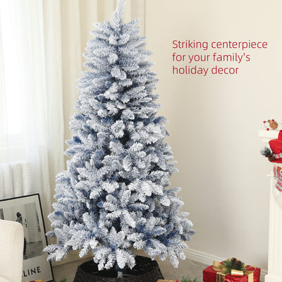 HOMCOM 6ft Flocked Artificial Christmas Tree with 700 Snow Frosted Tips, Metal Stand, Snowy Hinged Xmas Tree, Blue 