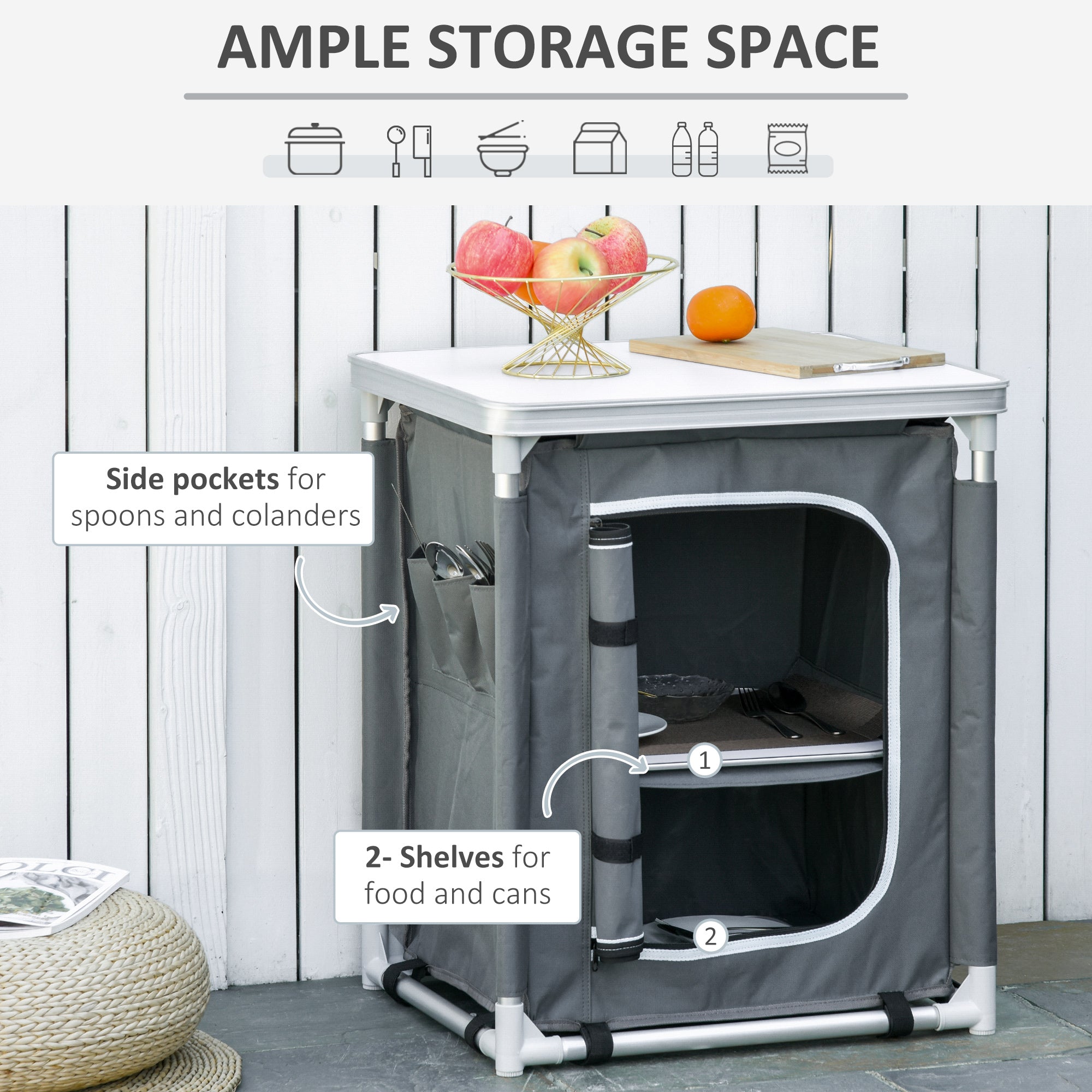 Outsunny 2-Shelf Camping Cupboard Camping Kitchen Station Cook Table Aluminum, Storage Organiser for BBQ Party Picnics Backyards with Carrying Bag 