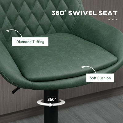 HOMCOM Retro Bar Stools Set of 2, Adjustable Kitchen Stool, Upholstered Bar Chairs with Back, Swivel Seat, Green 