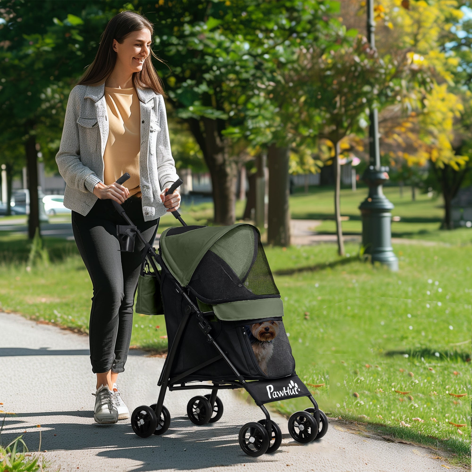 PawHut Umbrella Structure Dog Stroller, Lightweight & Portable Dog Pram w/ Shoulder Strap, Storage Bag & Cup Holder, Dark Green 