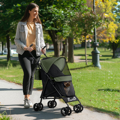 PawHut Umbrella Structure Dog Stroller, Lightweight & Portable Dog Pram w/ Shoulder Strap, Storage Bag & Cup Holder, Dark Green 