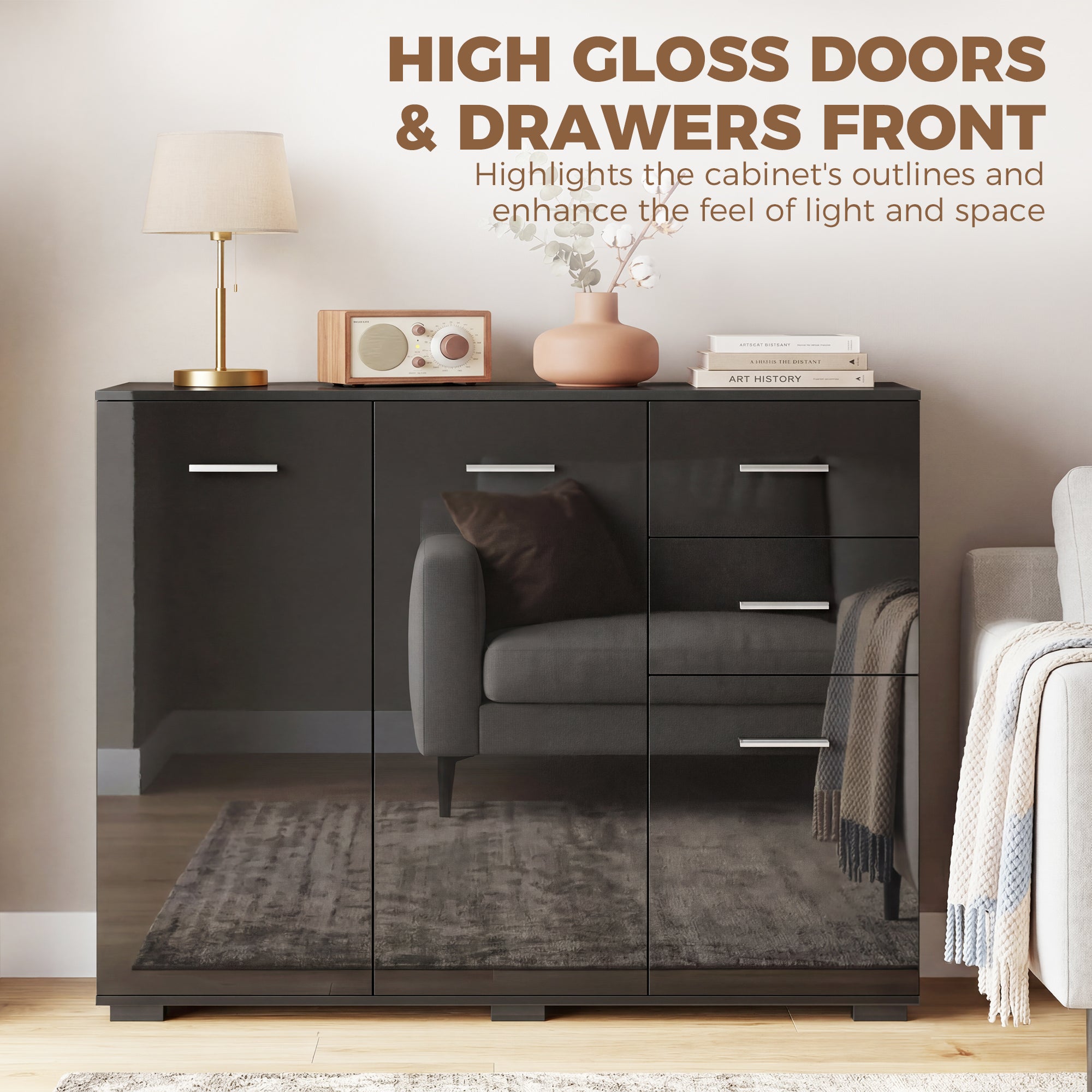 HOMCOM Sideboard, Modern Storage Cabinet with 2 Drawers, 3 Doors and Adjustable Shelves, High Gloss Black 