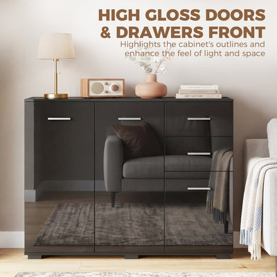 HOMCOM Sideboard, Modern Storage Cabinet with 2 Drawers, 3 Doors and Adjustable Shelves, High Gloss Black 