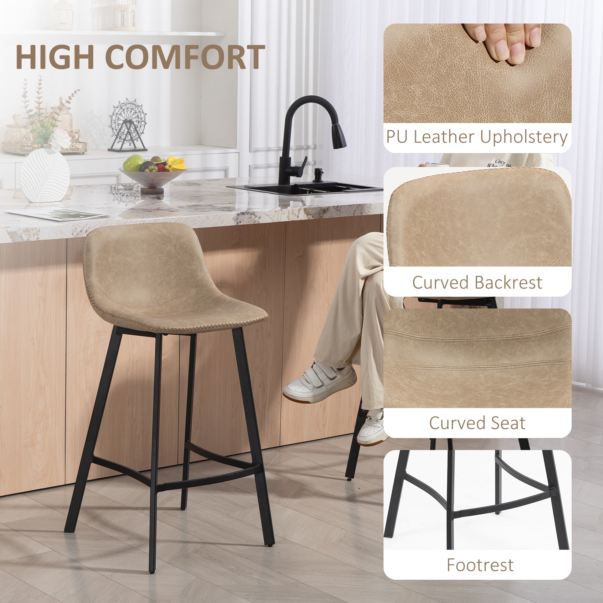 HOMCOM Bar Stools Set of 2, PU Leather Dining Stools with Backrest, Footrest, for Kitchen, Counter, Breakfast Bar, Light Brown 