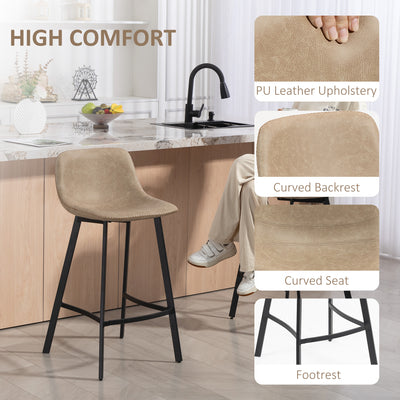 HOMCOM Bar Stools Set of 2, PU Leather Dining Stools with Backrest, Footrest, for Kitchen, Counter, Breakfast Bar, Light Brown 
