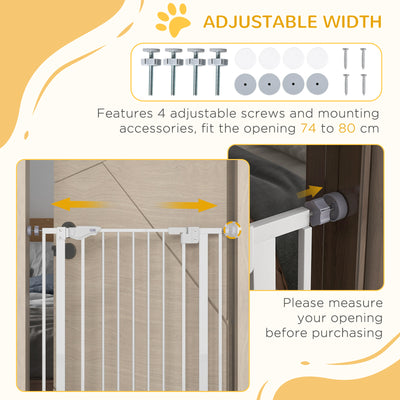 PawHut Extra Tall Pet Gate, Indoor Dog Safety Gate, with Cat Flap, Auto Close, 74-80cm Wide - White 
