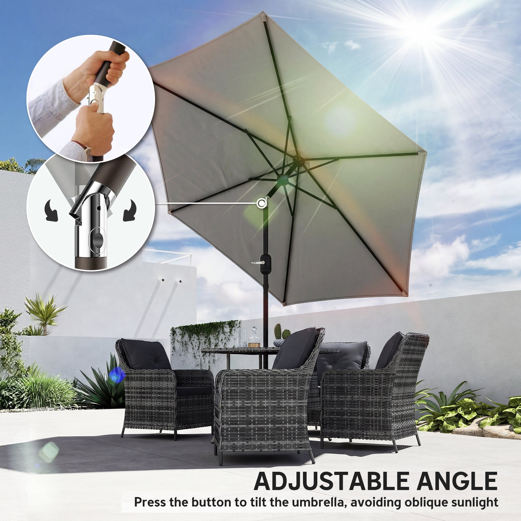 Outsunny 2.6 m Garden Parasol Umbrella with Aluminium Pole, Outdoor Patio Umbrella with Tilt and Crank, Vent, Light Grey 
